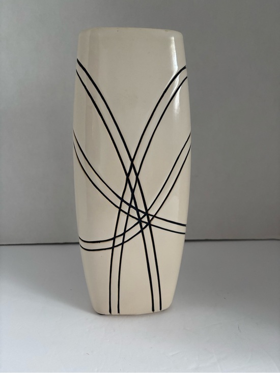 Norcal Other - Norcal Creamy White Black Geometric Lines Ceramic 10” Vase Modern Home Accent